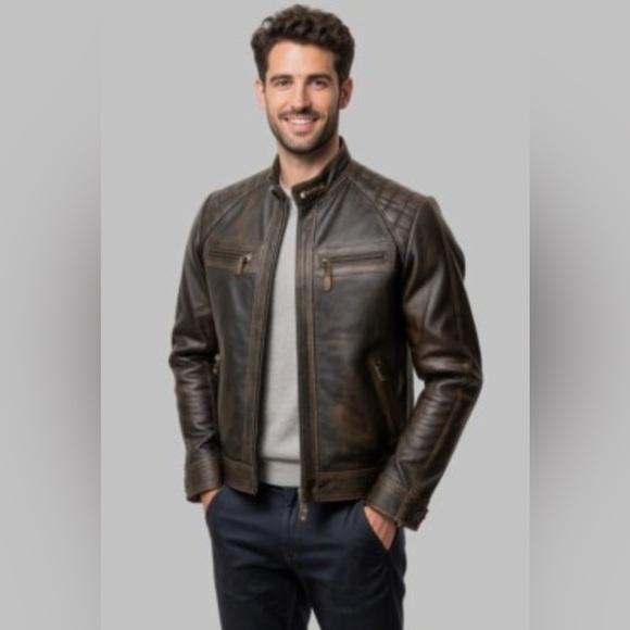 NWT [Real Leather] Motorcycle Biker Brown Diamond Leather Jacket Mens 2XL - Picture 2 of 16